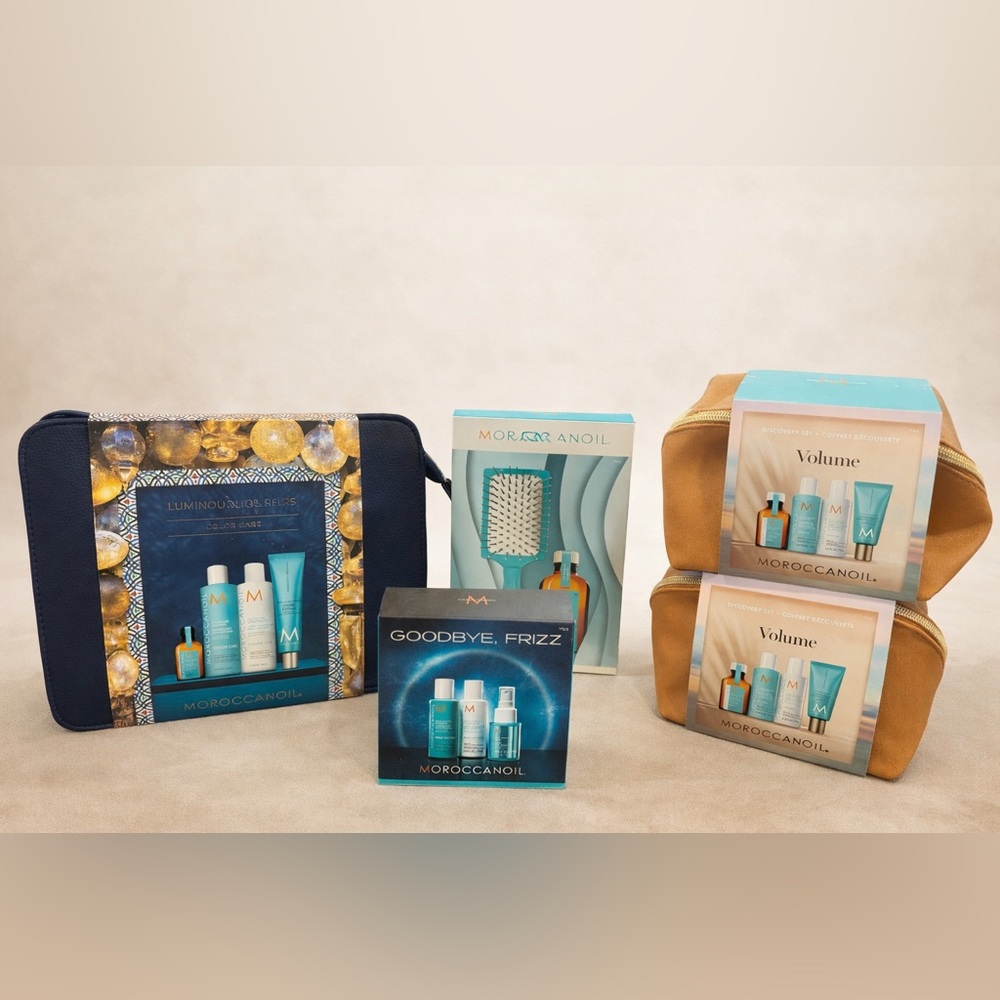 Moroccanoil Hair Care Collection with Blue and Tan Bags